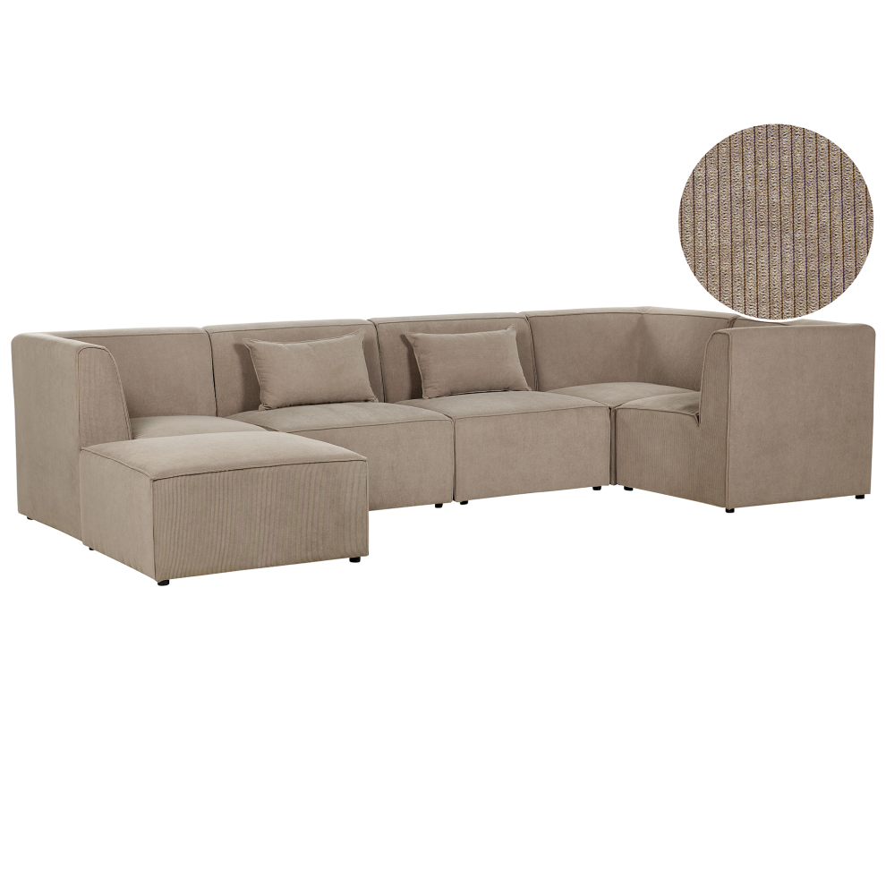 Modular Corner Sofa LEMVIG Corduroy Taupe with Ottoman 5 Seater Left Hand