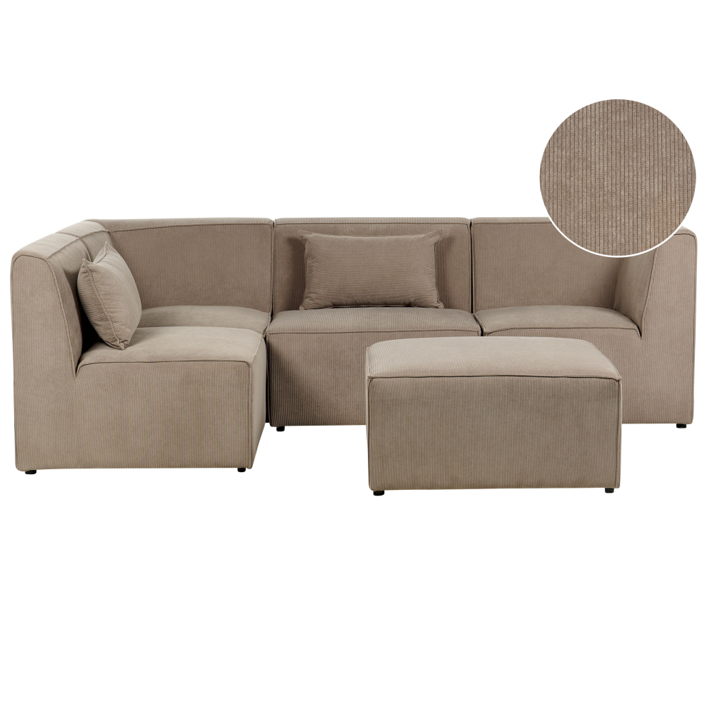 Modular Corner Sofa LEMVIG Corduroy Taupe with Ottoman 4 Seater Right Hand