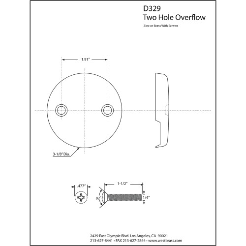 Westbrass D329-50 Δύο Οπών Βαλβίδα Υπερχείλισης με Βίδες, Λευκή Επαγωγή 1
