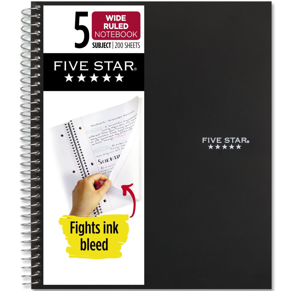 Five Star Spiral Notebook  5 Subject  Wide Ruled Paper  Fights Ink Bleed  Water Resistant Cover  8"""""""" x 10-1/2""""""""  200 Sheets  Black (72045)-image-OPC-PFNDRPW-NEW