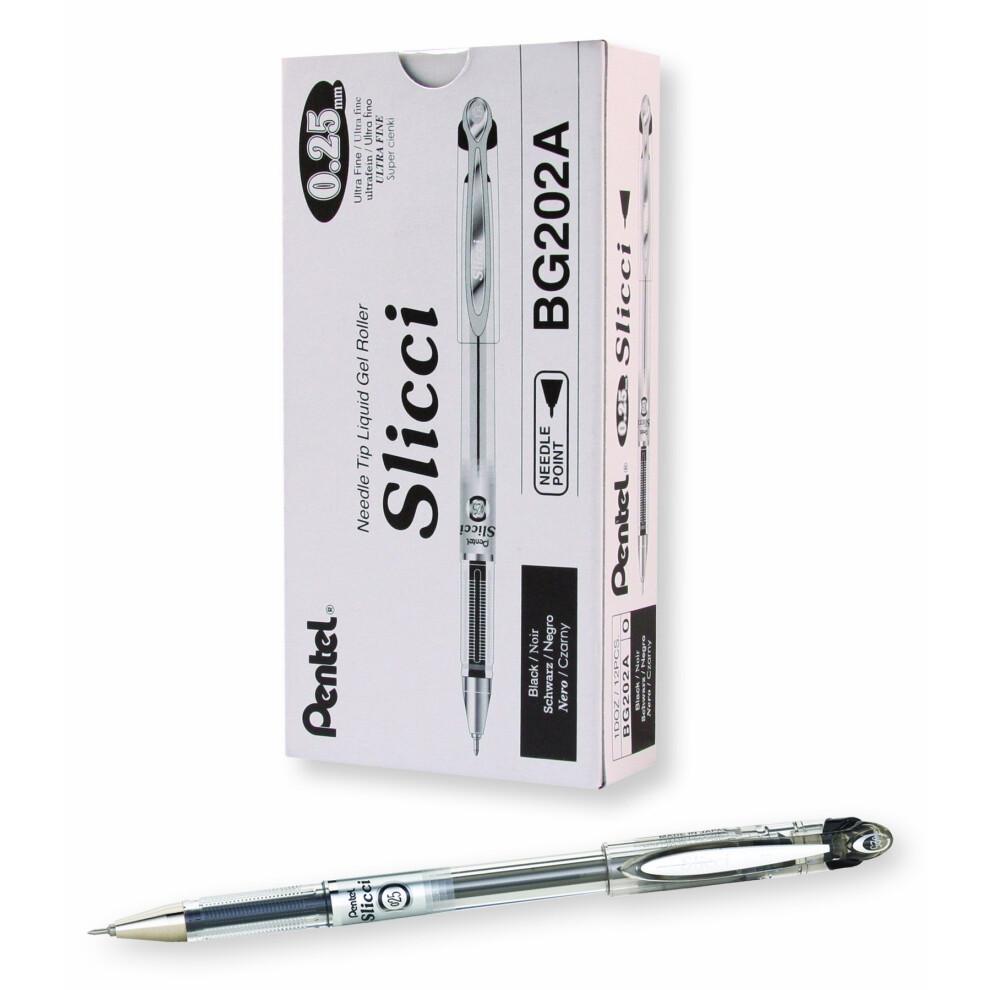 Pentel Arts Slicci 0.25 mm Extra Fine Gel Pen  Black Ink  Box of 12 (BG202-A)