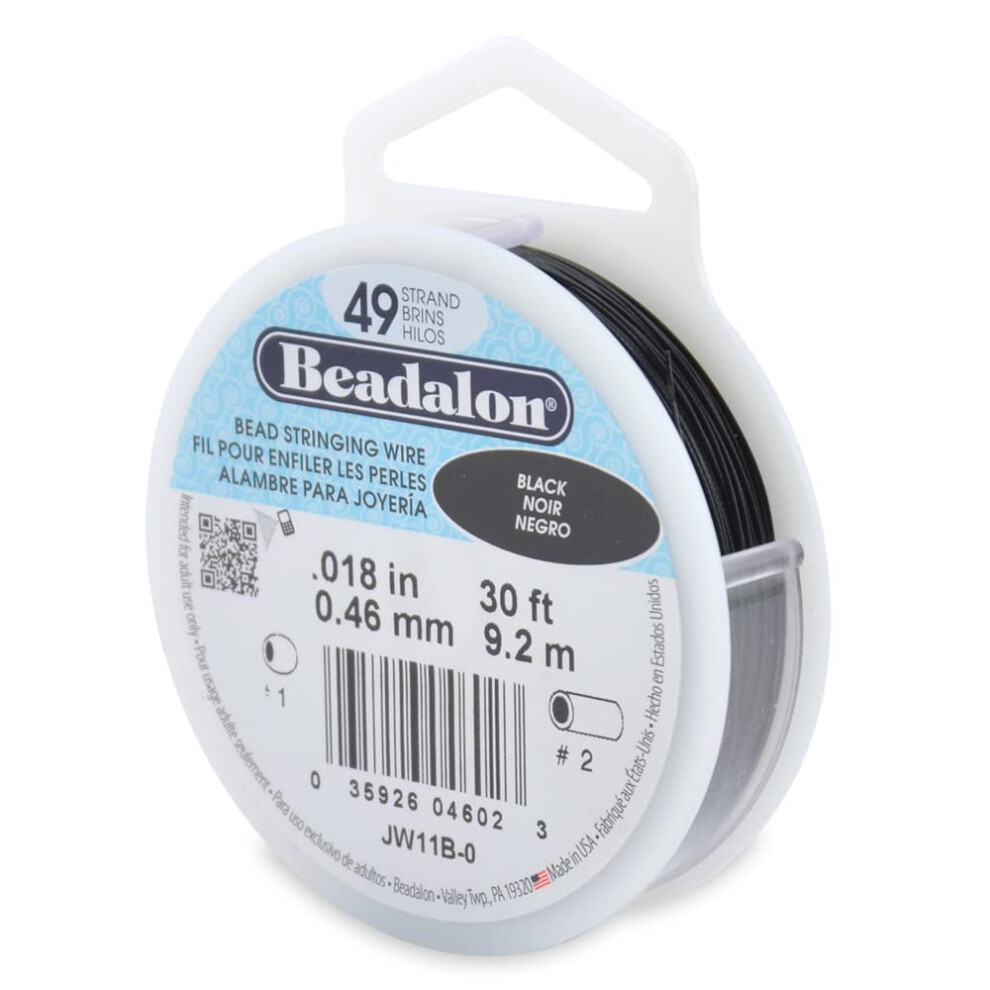 Beadalon Black 49 Strand Stainless Steel Bead Stringing Wire 018 In / 0.46 Mm 30 Ft / 9.2 M