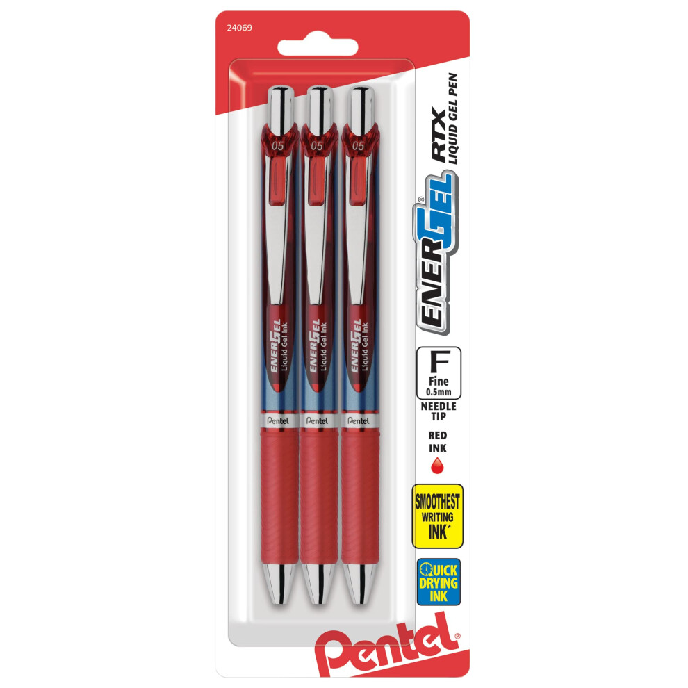 Pentel EnerGel RTX Retractable Liquid Gel Pens  Fine Point  0.5mm  54% Recycled  Assorted Barrel Colors  Red Ink  Pack Of 3 Pans