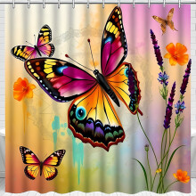 Vibrant Butterfly Shower Curtain with Kaleidoscope Wings & Lavender Accents - Artistic Bathroom Decor 180x180cm