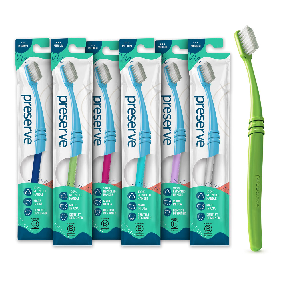 Preserve Eco Friendly Adult Toothbrushes  Made in The USA from Recycled Plastic  Lightweight Pouch  Medium Bristles  Colors Vary  6 Pack-image-OPC-PFMYRPZ-NEW