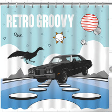Retro Groovy Shower Curtain - Whimsical Black Muscle Car on Water with Sun Planets & Bird Design 180x180cm