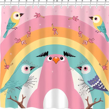 Whimsical Pastel Rainbow Shower Curtain with Cute Birds & Owl Design Room Decor 180x180cm