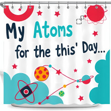 Whimsical Shower Curtain with Teal Clouds Colorful Planets and Playful Atoms - Fun Bathroom Decor 180x180cm