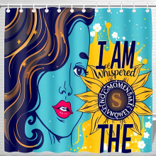 Stylized Pop Art Shower Curtain with Teal Skin Woman Sunflower Motif & Empowering Quote 180x180cm