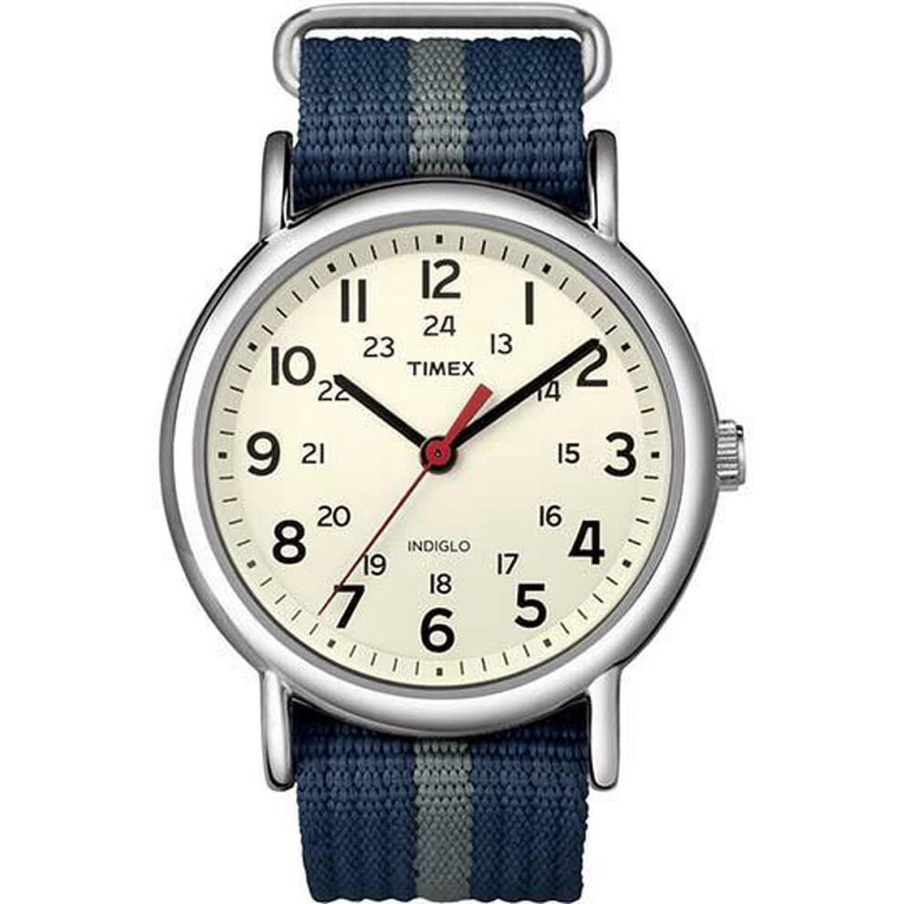 Timex Unisex T2N654 Weekender 38mm Blue/Gray Stripe Nylon Slip-Thru Strap Watch