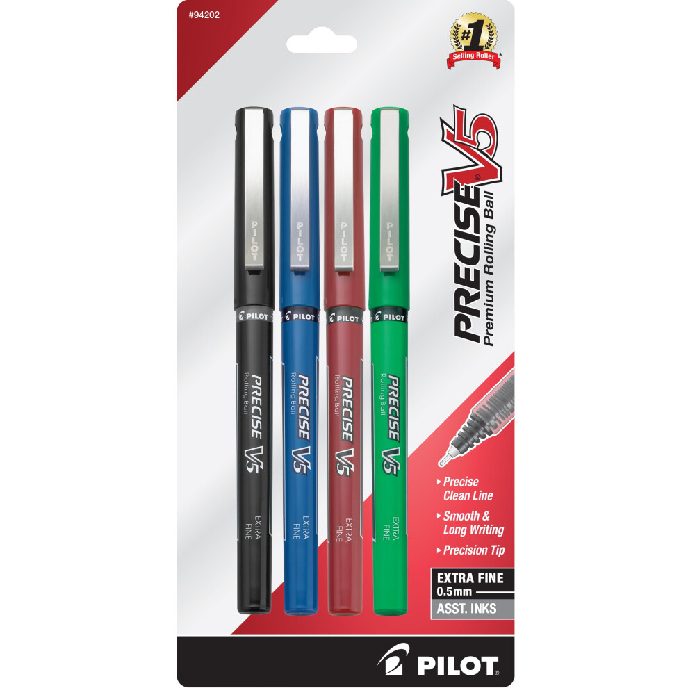 Pilot  Precise V5  Capped Liquid Ink Rolling Ball Pens  Extra Fine Point 0.5 mm  Black/Blue/Red/Green  Pack of 4