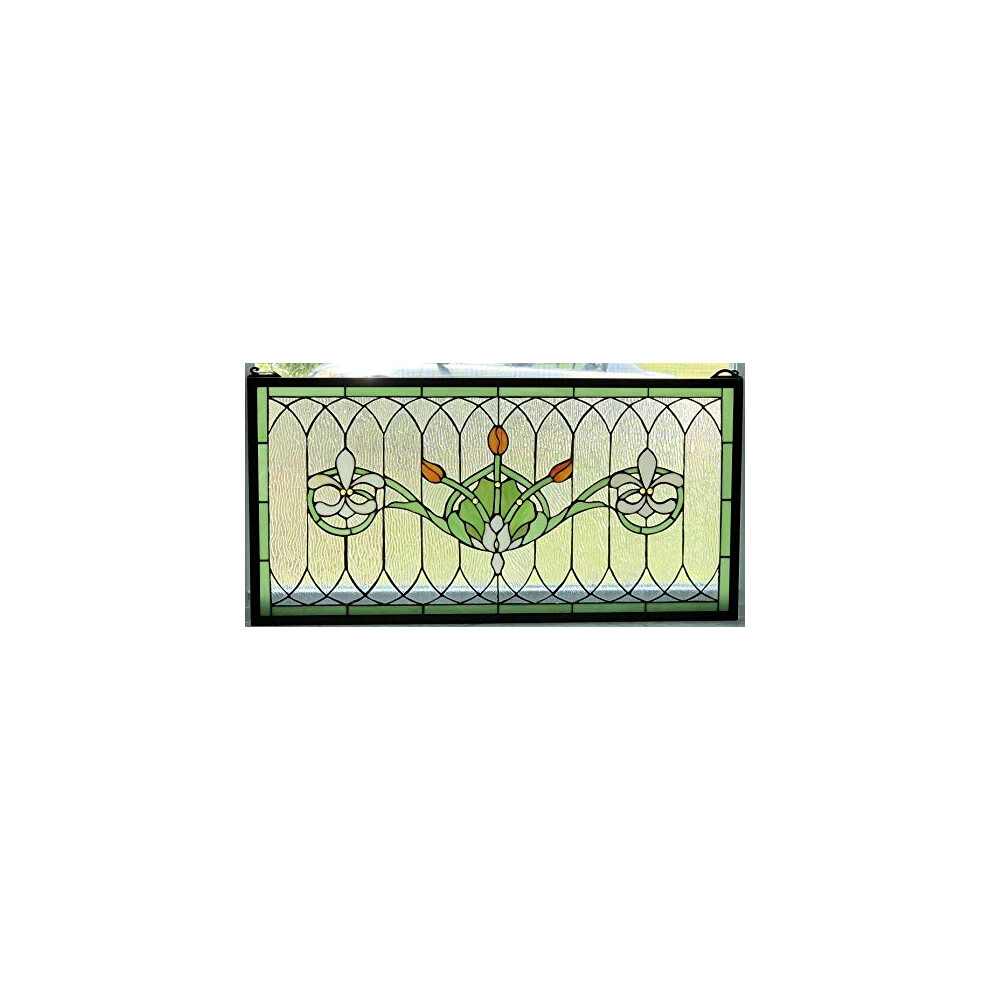 Tiffany Stained Glass Transom Window Panel Fleur De Lis 32"""""""" x 16