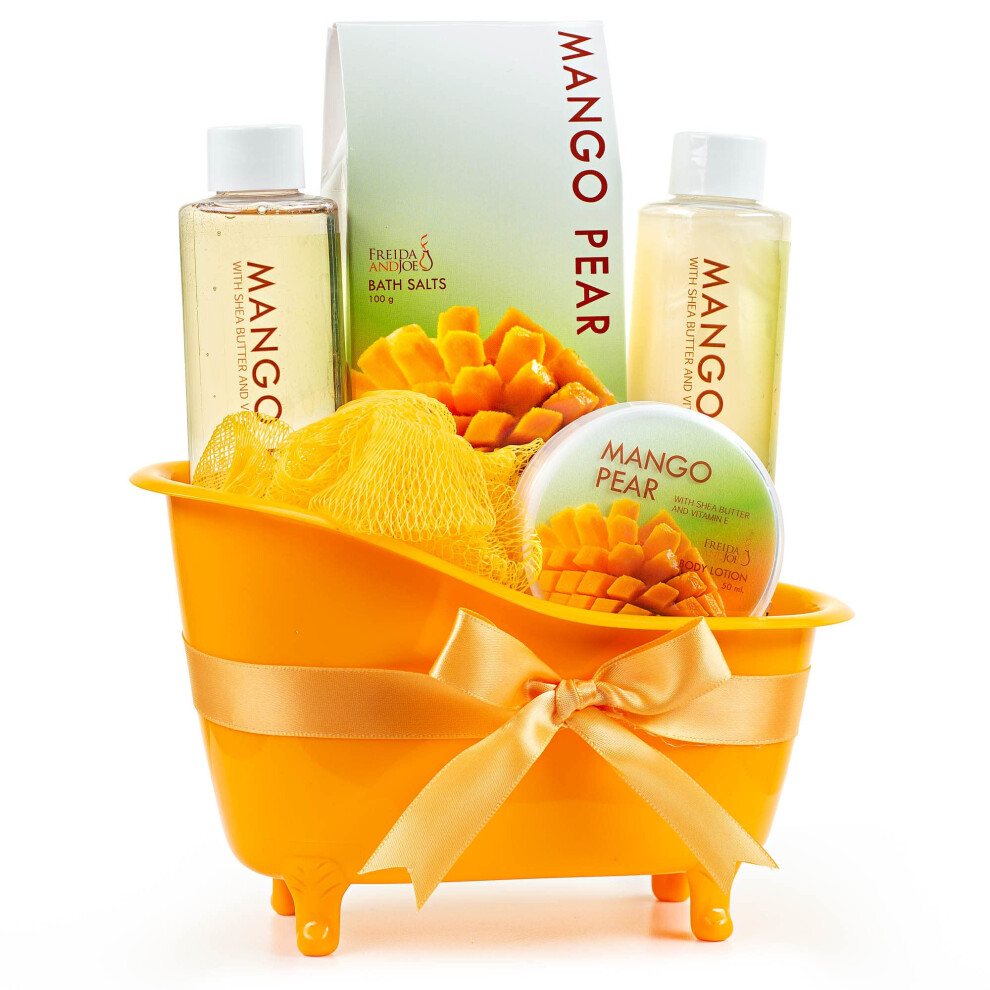 Coffret spa Freida and Joe au parfum tropical de mangue et poire pour femme - Coffret bain et corps dans un élégant pot orange - Prêt à offrir av