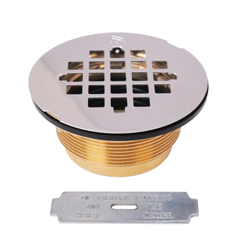 Westbrass D206b-26 2"""" No-Caulk Brass Compression Shower Drain With 4-1/4"""" Round Grid Cover 1-Pack Polished Chrome 747028433150