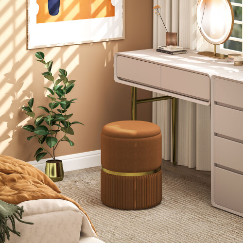 Homcom HOMCOM Round Pouffe, Storage Footstool with Cushioned Top, Light Brown