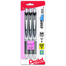 Pentel Pink BCA Ribbon Pentel EnerGel Deluxe RTX intrekbare gelpen, medium lijn, metalen punt, zilveren houder, zwarte inkt, 3-pack (BL77ABP3A-BC)