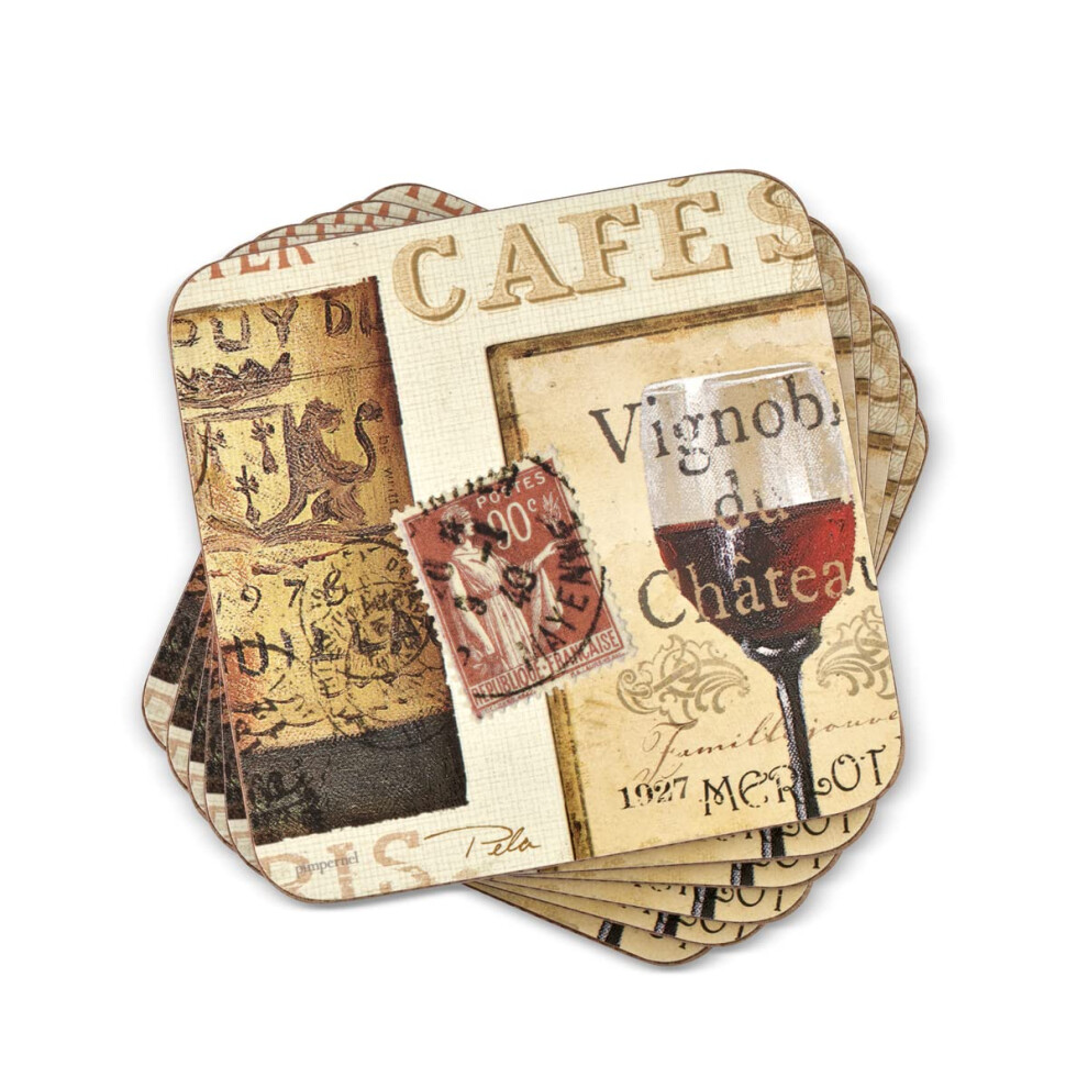 Pimpernel French Cellar Collection Coasters | Set of 6 | Cork Backed Board | Heat and Stain Resistant | Drinks Coaster for Tabletop Protection | Measu