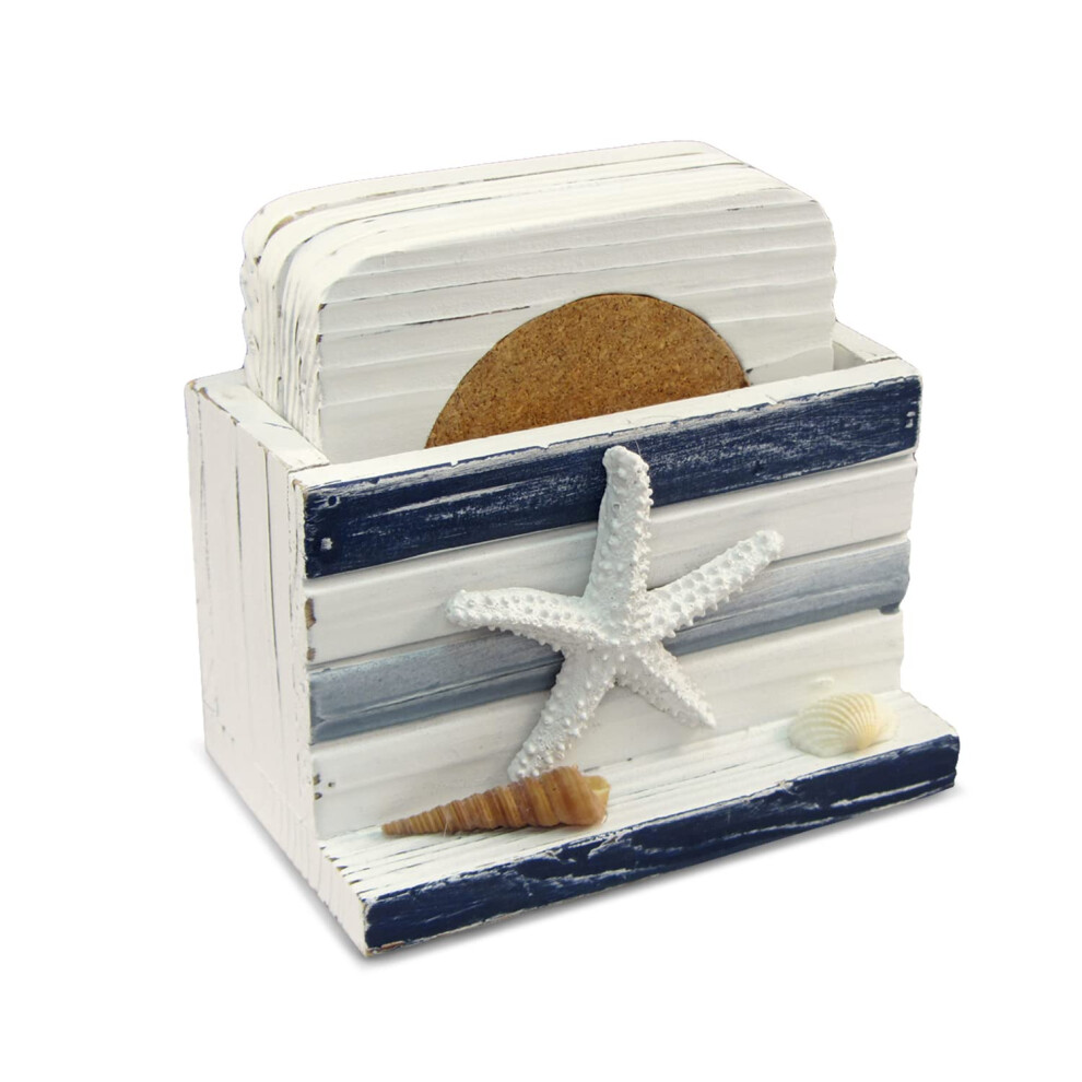 Puzzel Met Witte En Blauwe Strepen Van Hout, Nautische Onderzetters - Houten Tafeldecoratie Voor Aan De Kust Voor Thuis, Keuken, Bar, Strandthema, Cad-image