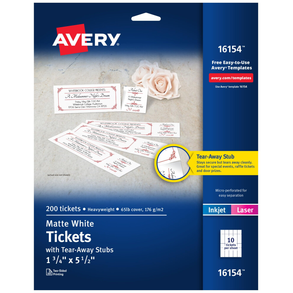 Avery Printable Tickets With Tear-Away Stubs 1.75"""" X 5.5"""" Matte 200 Blank Tickets For Laser And Inkjet Printers (16154) White