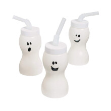 Fun Express Set of 12 Pieces Ghost Shape Cups with Straw for Halloween Holds 8 oz BPA Free Plastic Kids Party Supplies White