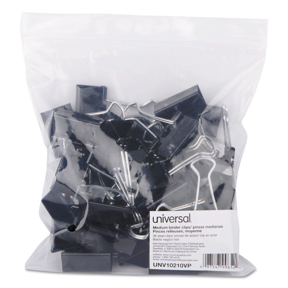 Universal Medium Binder Clips  Steel Wire  5/8"""" Cap  1-1/4"""" Wide  Black/Silver  12/Pack  36 Total