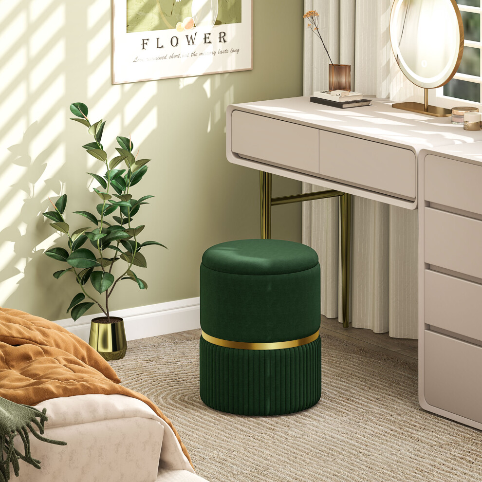 HOMCOM Round Pouffe, Storage Footstool with Cushioned Top, Dark Green