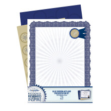 Geographics Award Certificate Kit 8.5 x 11 """" Blank Certificate Paper Gold Foil Seals & Blue Ribbon Stickers (Pack med 25)