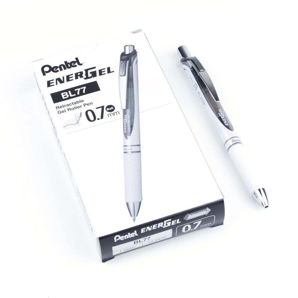 Pentel EnerGel Pearl Deluxe RTX Retractable Liquid Gel Pen  (0.7mm)  Accent  Black Ink  Box of 12 (BL77PW-A)
