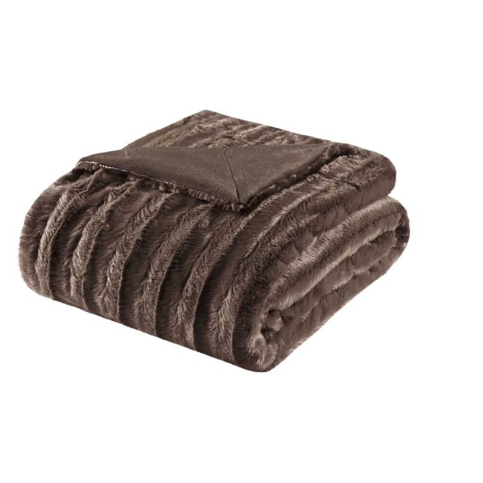 Jet    de lit ou canap    en fausse fourrure bross   e de luxe Madison Park Duke, marron, 50 x 60 cm, doux et confortable, de qualit    sup   rieure