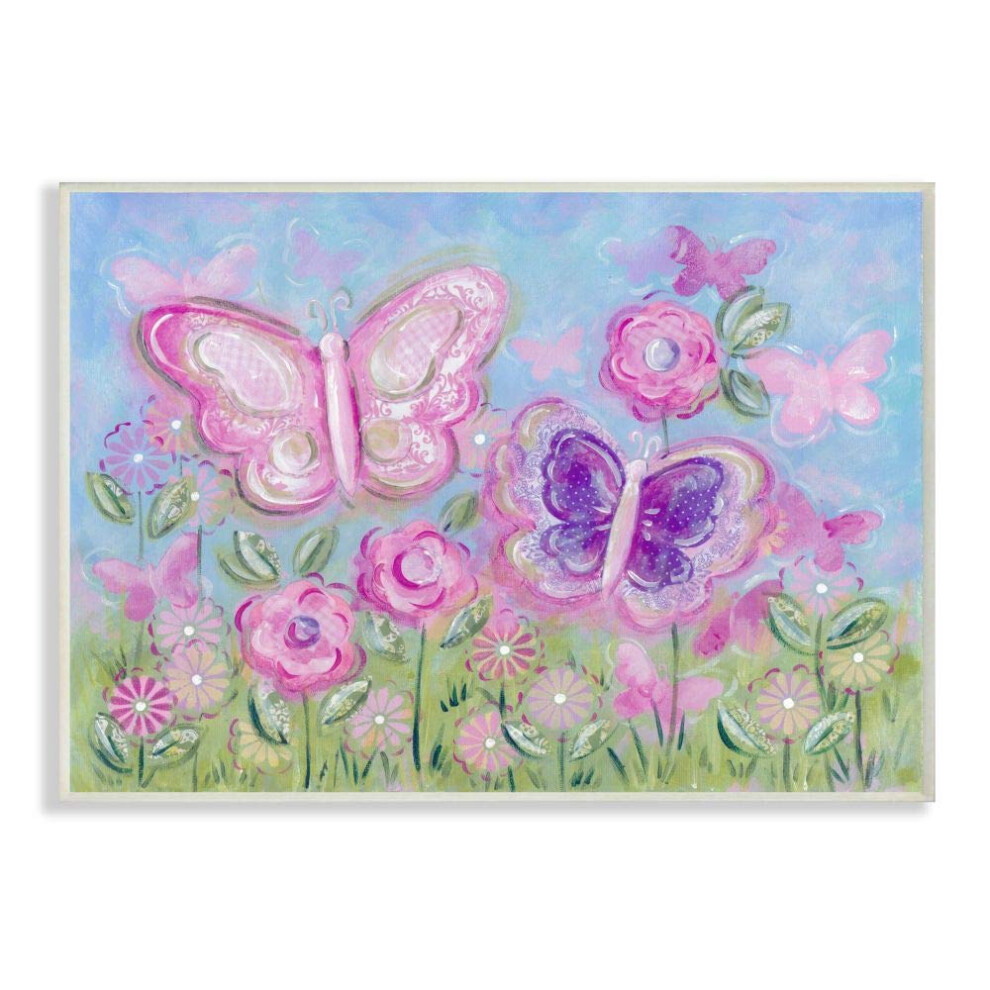 Plaque murale rectangulaire       The Kids Room       de Stupell, papillons pastel dans un jardin