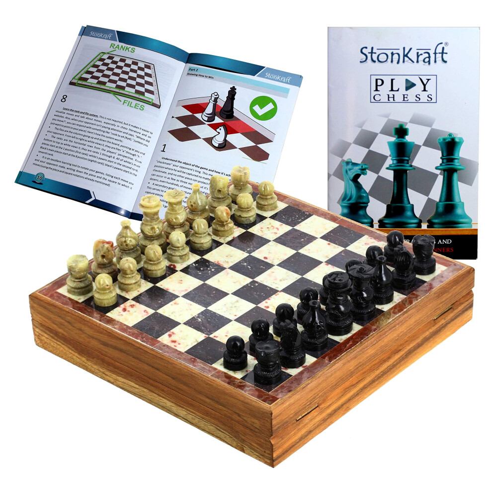 StonKraft - 8"""" X 8"""" Chess Board with Wooden Base with Stone Inlaid & Stone Pieces Game Set-image-OPC-PFN99NJ-NEW