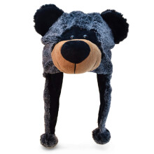 Puzzled Black Bear Plush Hat - One Size Costume Headwear With Ear Flaps Funny Plush Party Crazy Hat Stuffed Animal Hat Cozy Fleece Winter Hat