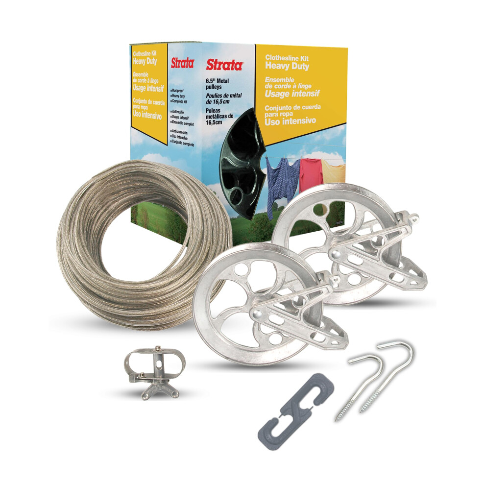 Strata Clothesline Outdoor Heavy Duty Kit - 150 Feet Galvanized Wire Gold PVC Coating  6.5"""" Clothesline Pulley 2pcs  Metal Mini Winch Tightener 1pc