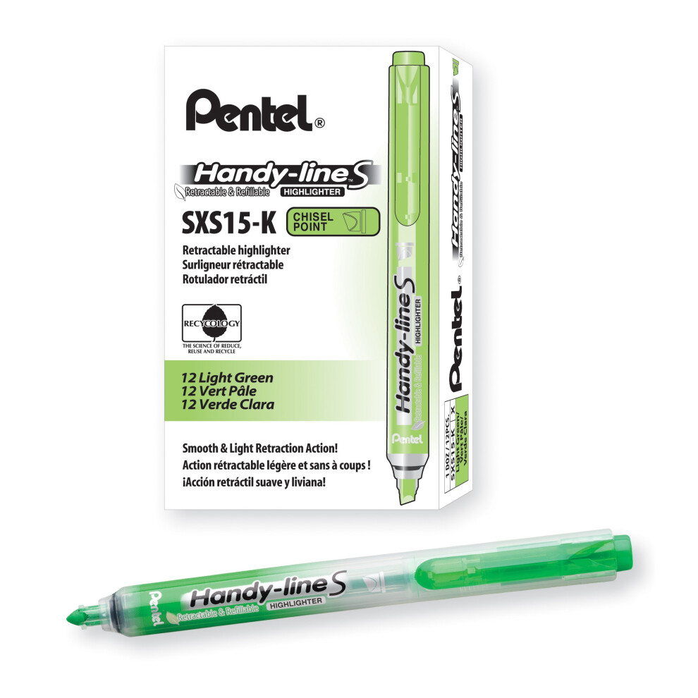 Pentel Handy-Line S Retractable and Refillable Chisel Tip Highlighter  Light Green Ink  Box of 12 (SXS15-K)