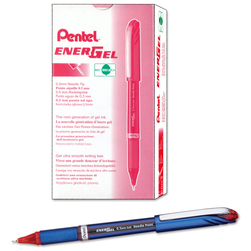 Pentel ENER-GEL NV Liquid Gel Pen  0.5mm  Fine Line Capped  Needle Tip  Red Ink  Box of 12 (BLN25-B)