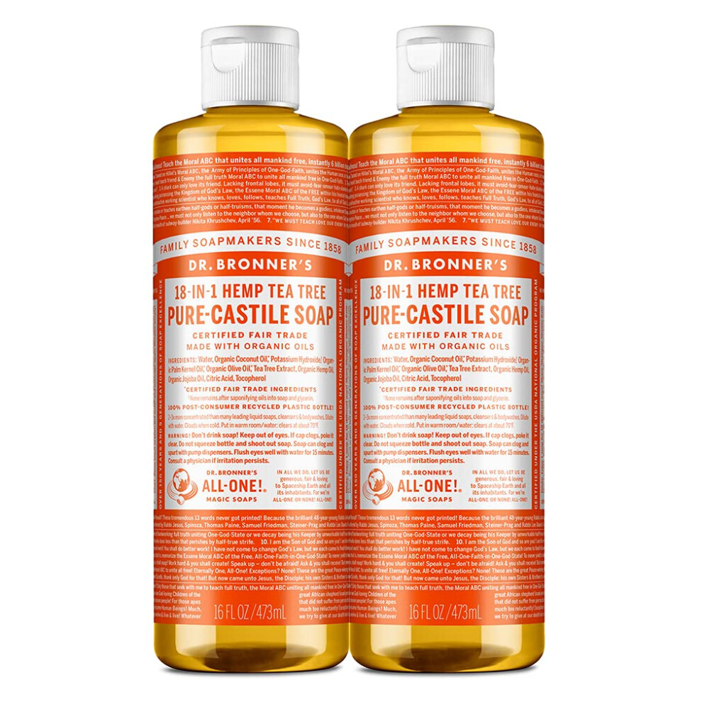Dr. Bronner's - Pure-Castile Liquid Soap (Tea Tree  16 ounce  2-Pack) - Made with Organic Oils  18-in-1 Uses: Acne-Prone Skin  Dandruff  Laundry  Pets