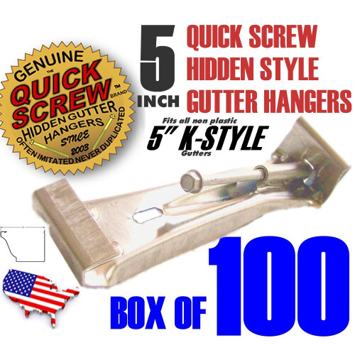 Quick Screw 5"""" 100 Pack Premium Hidden Rain Gutter Bracket Hook Hangers with Screw Clip Style 1