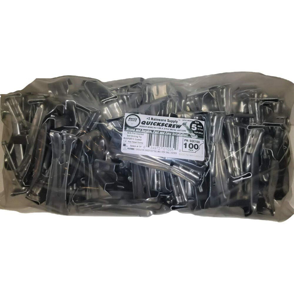 Quick Screw 5"""" 100 Pack Premium Hidden Rain Gutter Bracket Hook Hangers With Screw Clip Style 634972010059