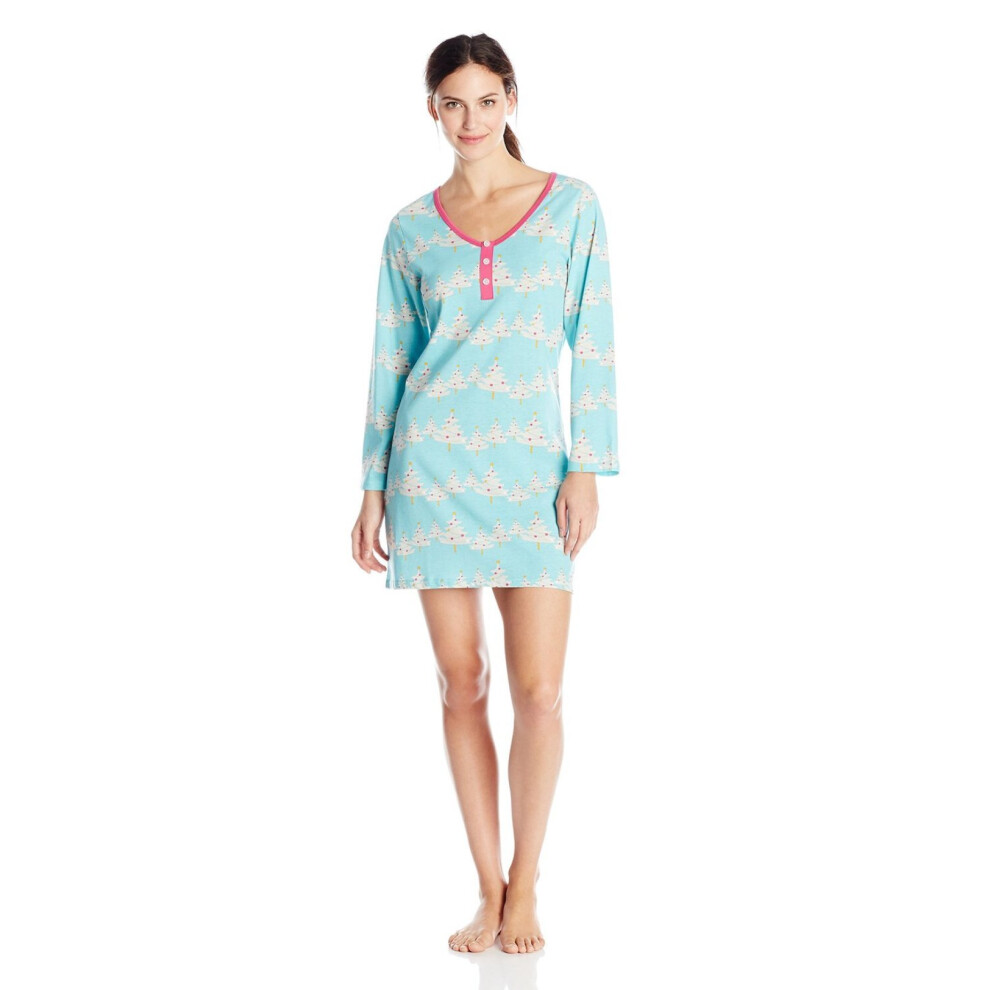 BHPJ by BedHead Pajamas Women's Faux Buttons Henley Nightshirt  Light Teal Rows Of Trees  Medium