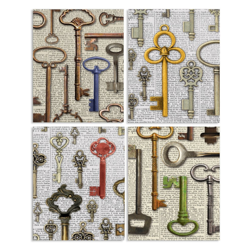 Stupell Home D?Cor 4-Teiliges Wandtafel-Set Mit Altmodischen Schl Sseln Auf Zeitungspapier, 10 X 0,5 X 15, Stolz Hergestellt In Den Usa-image