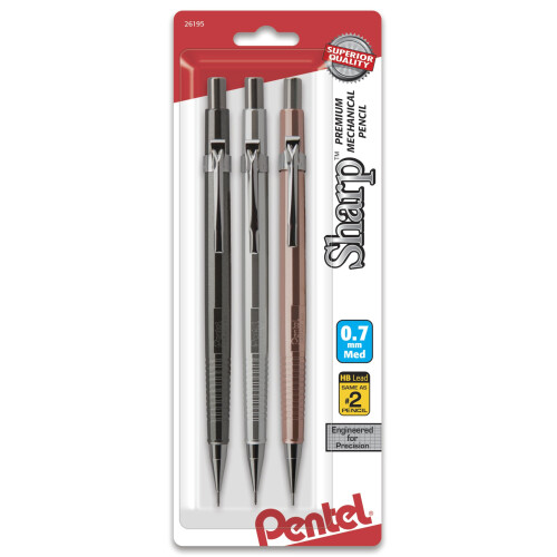 Pentel Pentel Sharp Mechanical Pencil, (0.7mm), Medium Lijn, Metallic Behuizing, Assortiment van 3 (P207MBP3M)