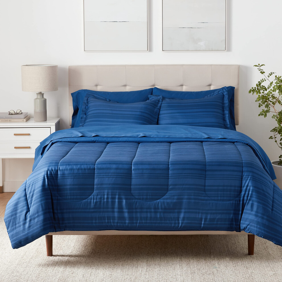 Amazon Basics Full/Queen Comforter Set with Sheets  5-Piece Blue Calvin Striped Bedding  Lightweight Microfiber Bed-in-a-Bag