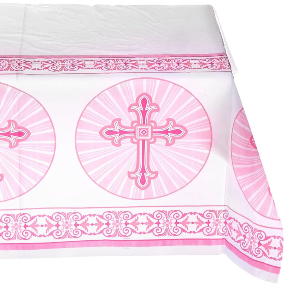 Nappe En Plastique Religieuse Rose Motif Croix Rayonnante Unique 84"""" X 54"""" --image