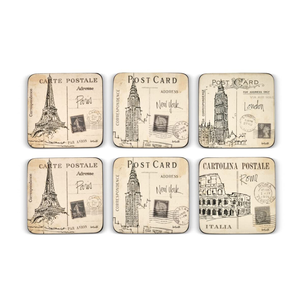 Pimpernel Postcard Sketches Collection Coasters | Set of 6 | Cork Backed Board | Heat and Stain Resistant | Drinks Coaster for Tabletop Protection | M