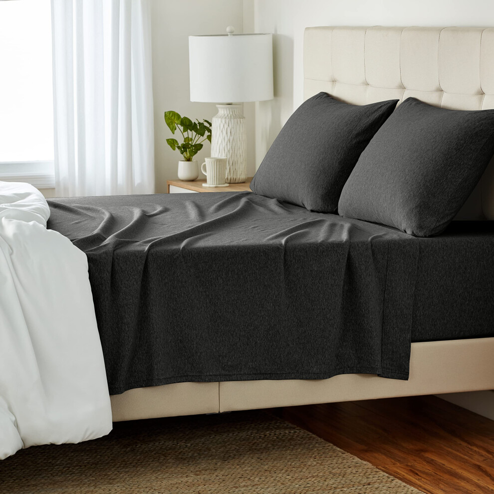 Amazon Basics 4 Piece Bed Sheet Set  100% Cotton Jersey  Includes Super Soft  Flat and Fitted Sheets  Pillowcase  Queen  Dark Gray  Solid