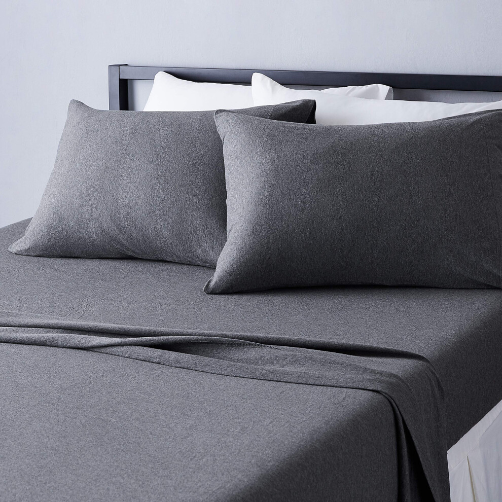 Amazon Basics 4 Piece Bed Sheets Set  100% Cotton Jersey  Includes Super Soft  Flat and Fitted Sheets  Pillowcase  King  Dark Gray  Solid