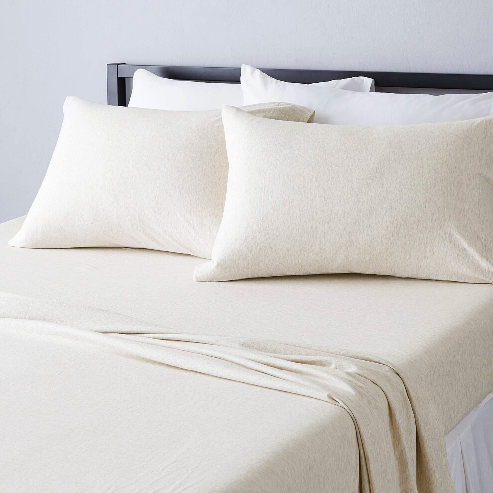 Amazon Basics 4 Piece Bed Sheets Set  100% Cotton Jersey  Includes Super Soft  Flat and Fitted Sheets  Pillowcase  King  Oatmeal  Solid