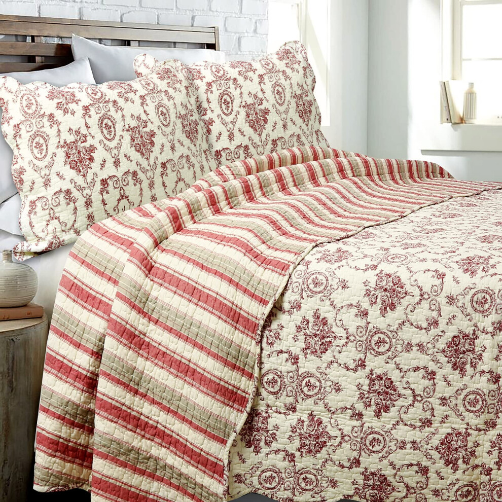 Cozy Line Home Fashions Parure de lit 100 % coton     imprim    floral beige bordeaux rouge rose m   daillon fran   ais, couvre-lit r   versible (B)