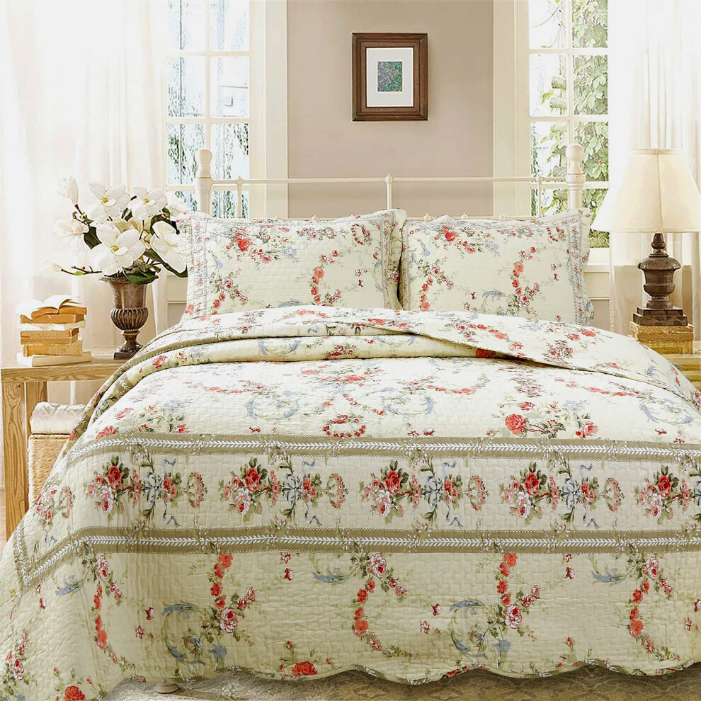 Cozy Line Home Fashions Parure de lit r   versible 100 % coton     imprim    floral kaki, cr   me et jaune (Rose Romance Twin - 2 pi   ces)