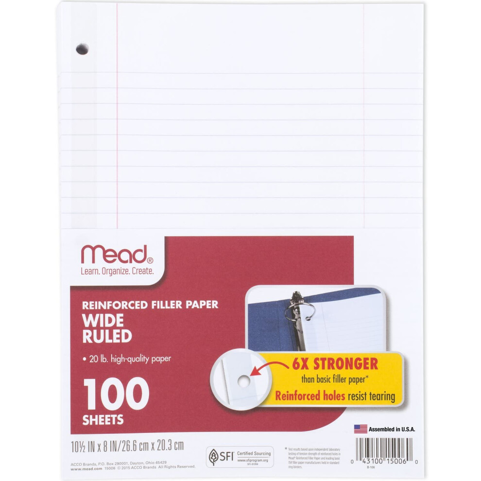 Mead Loose Leaf Paper Notebook Paper Wide Ruled Filler Paper Reinforced 8 x 10.5 100 Sheets (15006) White